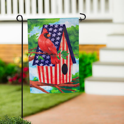 Patriotic Cardinal Birdhouse Suede Flag with red cardinal on black stake and starry flag motif on Tampa Home & Garden Store
