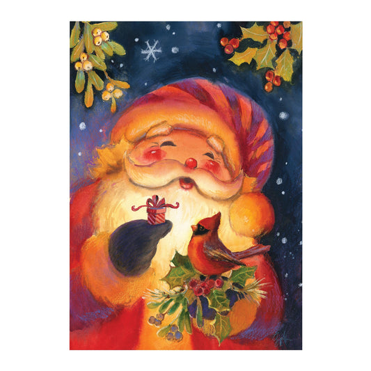 Cheerful Santa Lustre House Flag by Evergreen Enterprises Wholesale with holly accents on Tampa Home & Garden Store