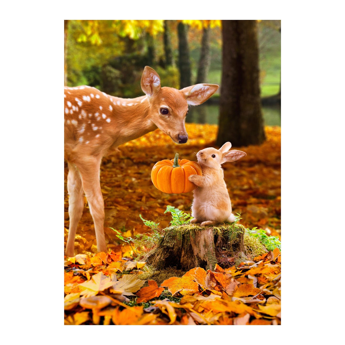 Fawn And Bunny Suede Garden Flag featuring a fawn and bunny with pumpkin in autumn woodland on Tampa Home & Garden Store
