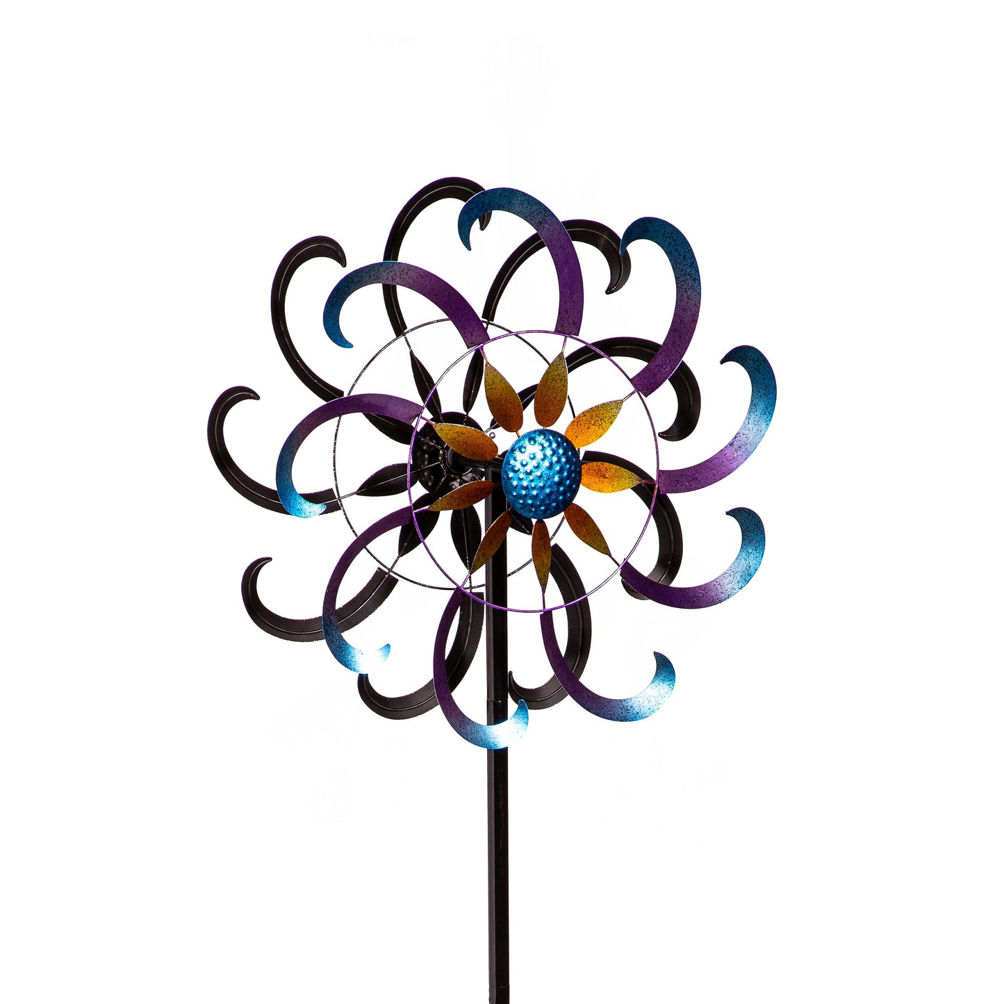 Metal wind spinner with blue and purple floral arcs, 75H, Evergreen Enterprises on Tampa Home & Garden Store