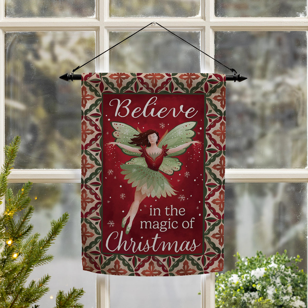 Believe Fairy Suede Garden Flag red center with green-cream border by Evergreen Enterprises on Tampa Home & Garden Store