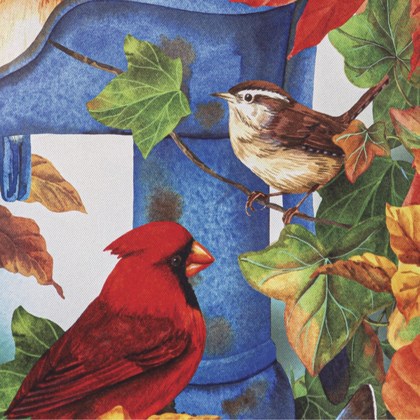Where Birds Gather Suede Garden Flag red cardinal on blue backdrop with green leaves on Tampa Home & Garden Store