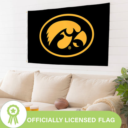 University of Iowa 3x5 estate flag with black field and yellow Hawkeye logo, 2 grommets on Tampa Home & Garden Store
