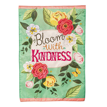 Bloom with Kindness Applique Garden Flag vibrant florals on green with pink border on Tampa Home & Garden Store