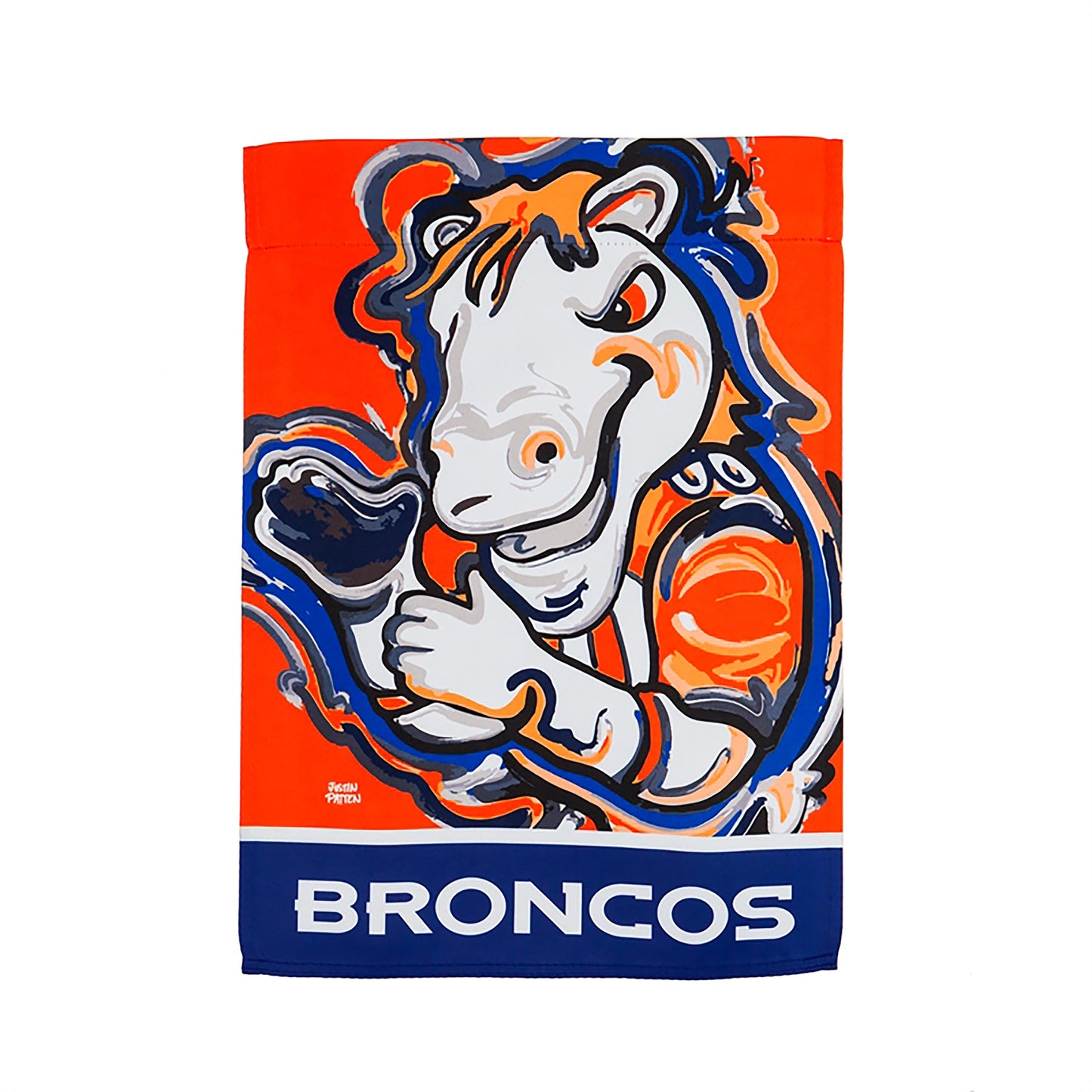 Denver Broncos suede flag featuring Justin Patten horse artwork in orange-blue on Tampa Home & Garden Store