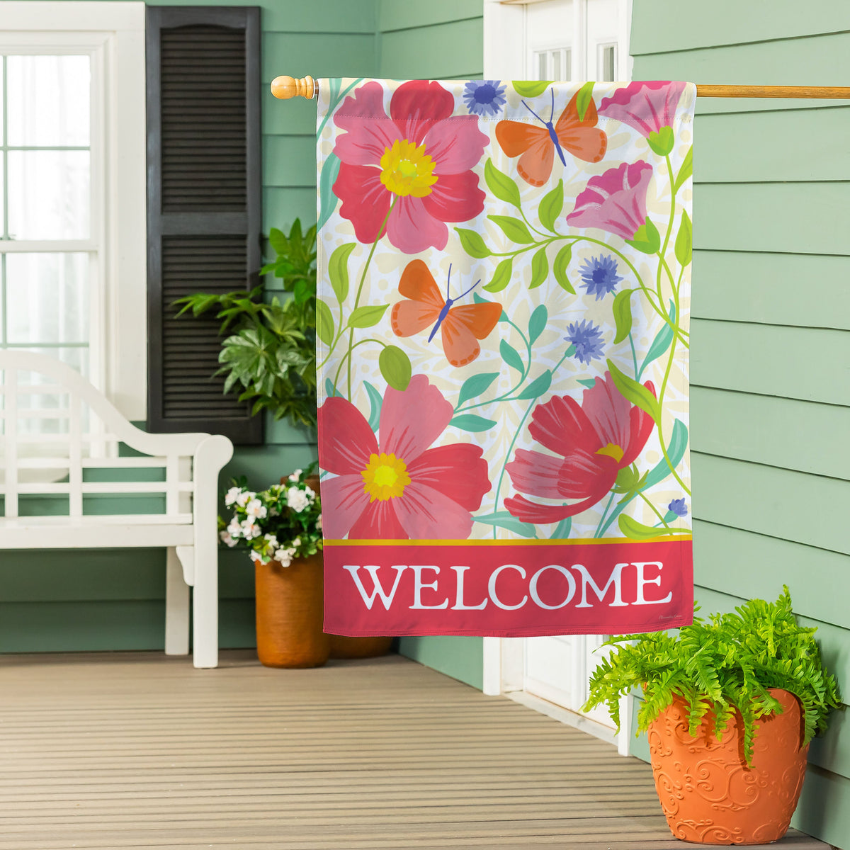 Wildflower Bunch Suede House Flag colorful floral pattern with butterflies and a Welcome border on Tampa Home & Garden Store