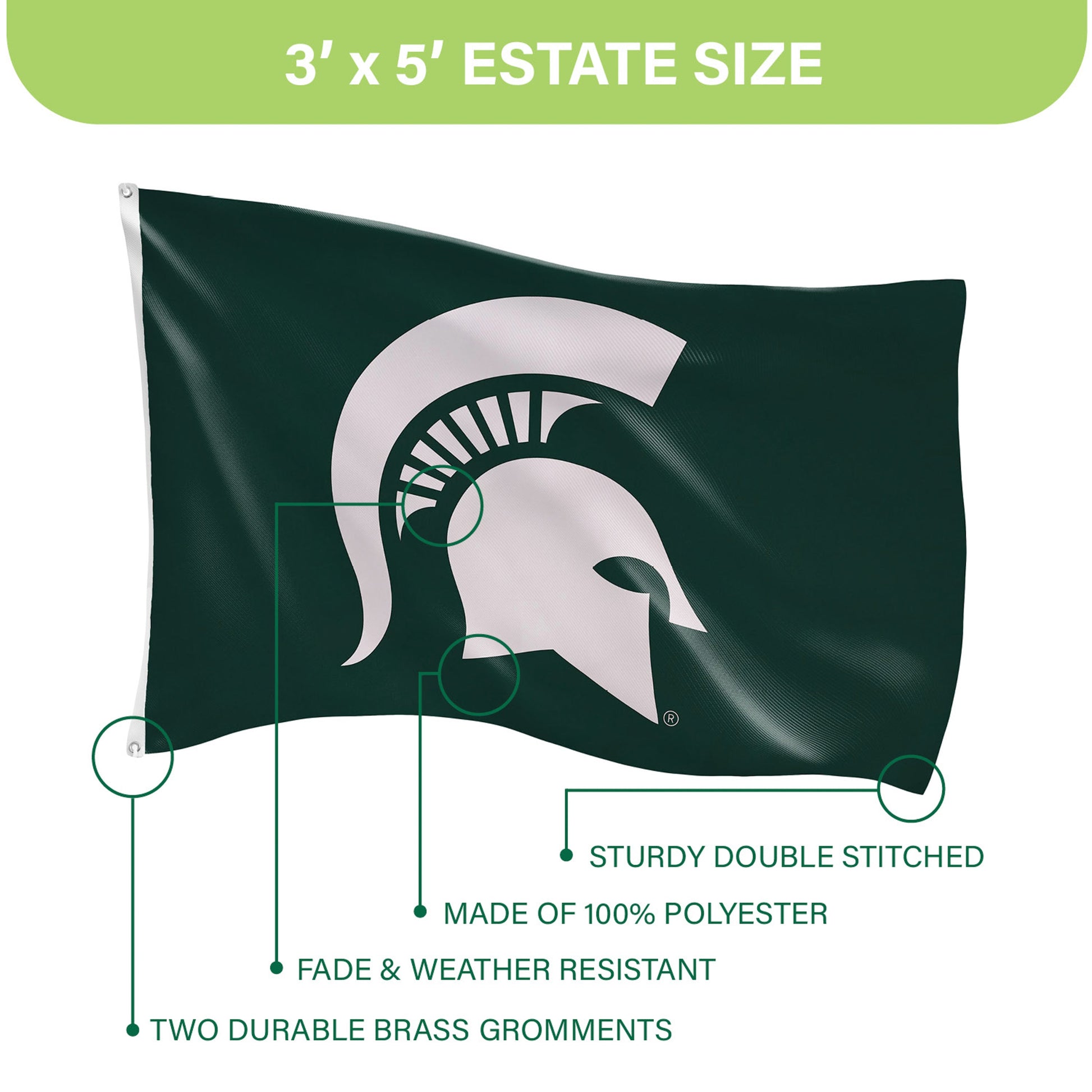 MSU 3x5 estate flag single-sided dark green MSU helmet logo two grommets Evergreen on Tampa Home & Garden Store