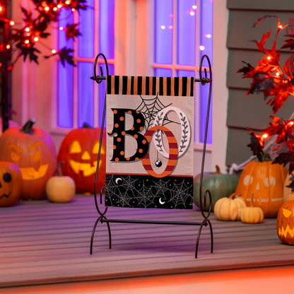Polka Dots & Stripes Boo Suede Garden Flag on black metal stand with spiderweb accents on Tampa Home & Garden Store