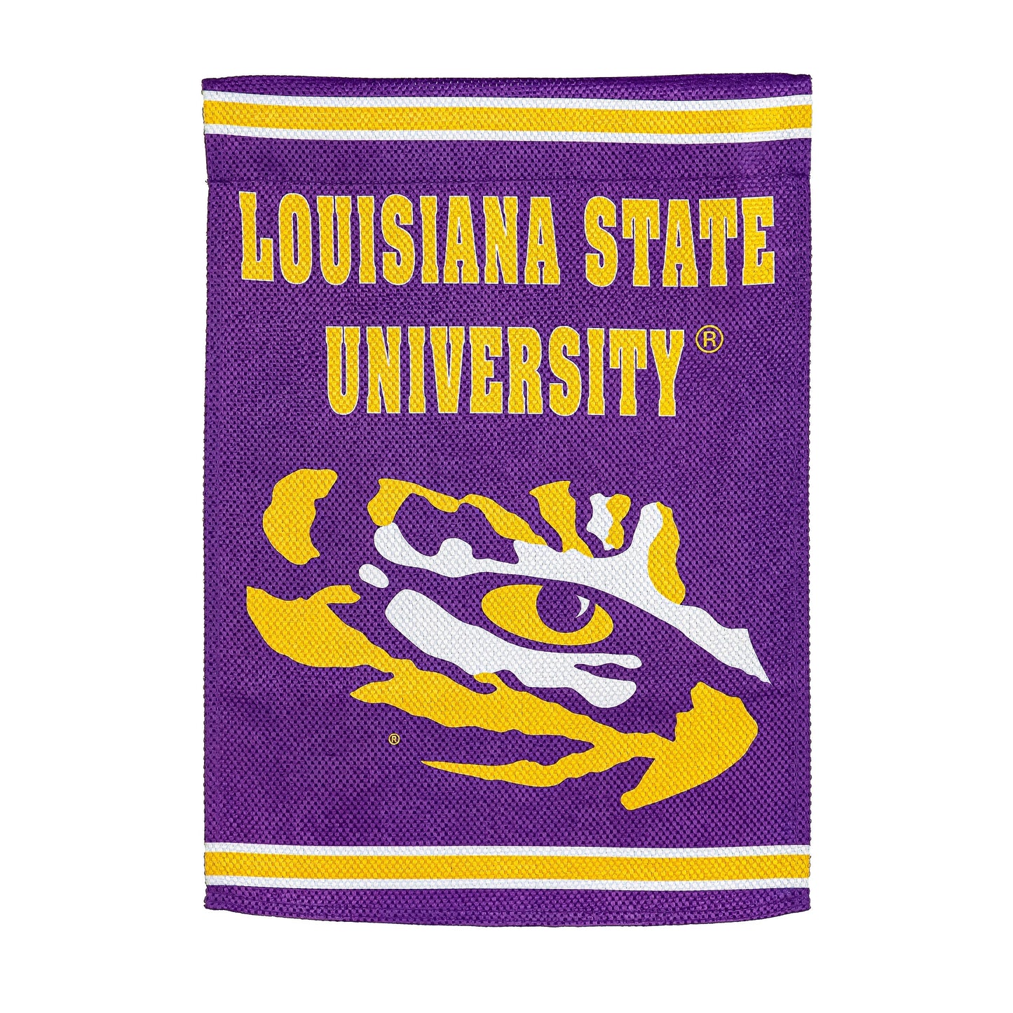 Embossed suede flag Louisiana State University on purple background, house size on Tampa Home & Garden Store