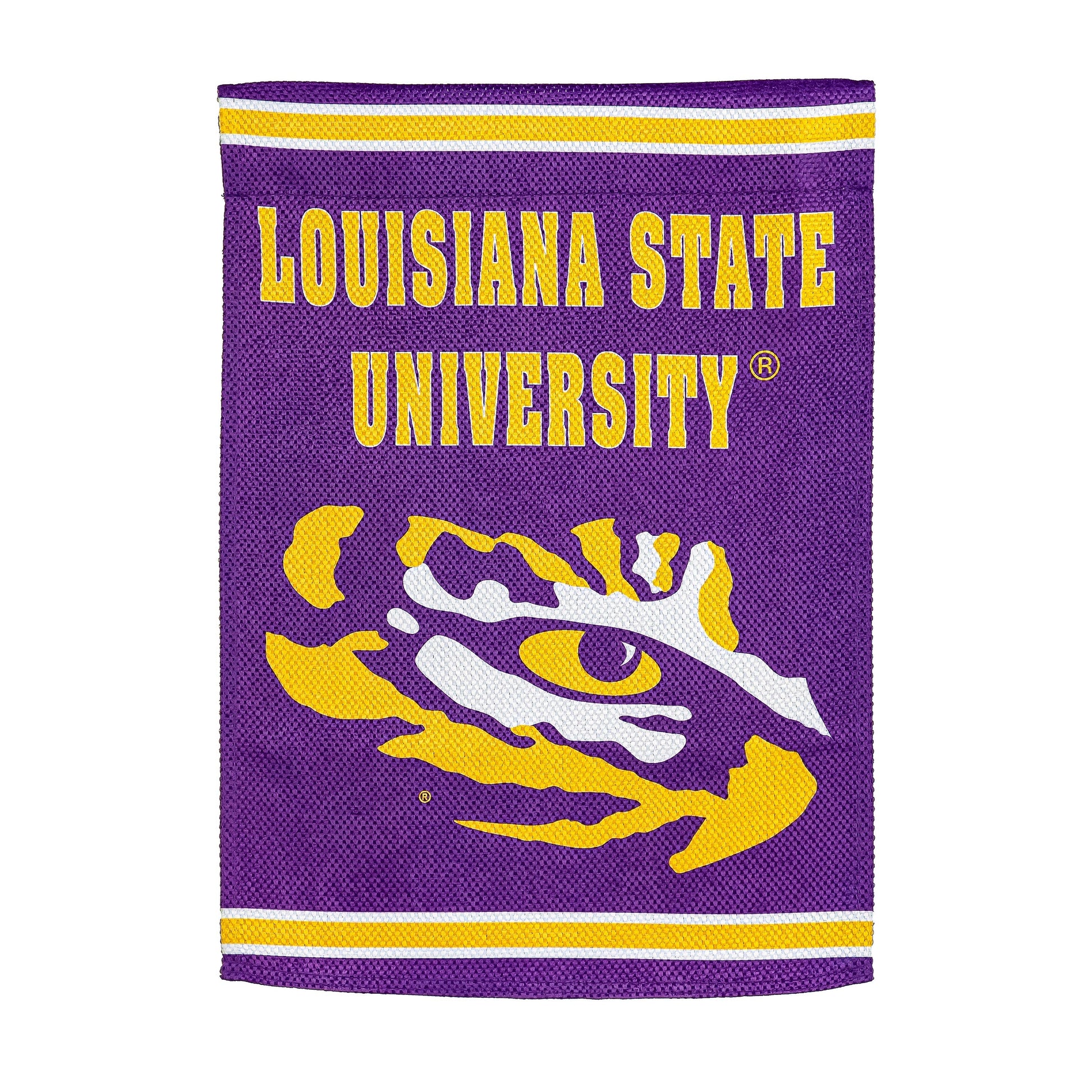 Embossed suede flag Louisiana State University on purple background, house size on Tampa Home & Garden Store