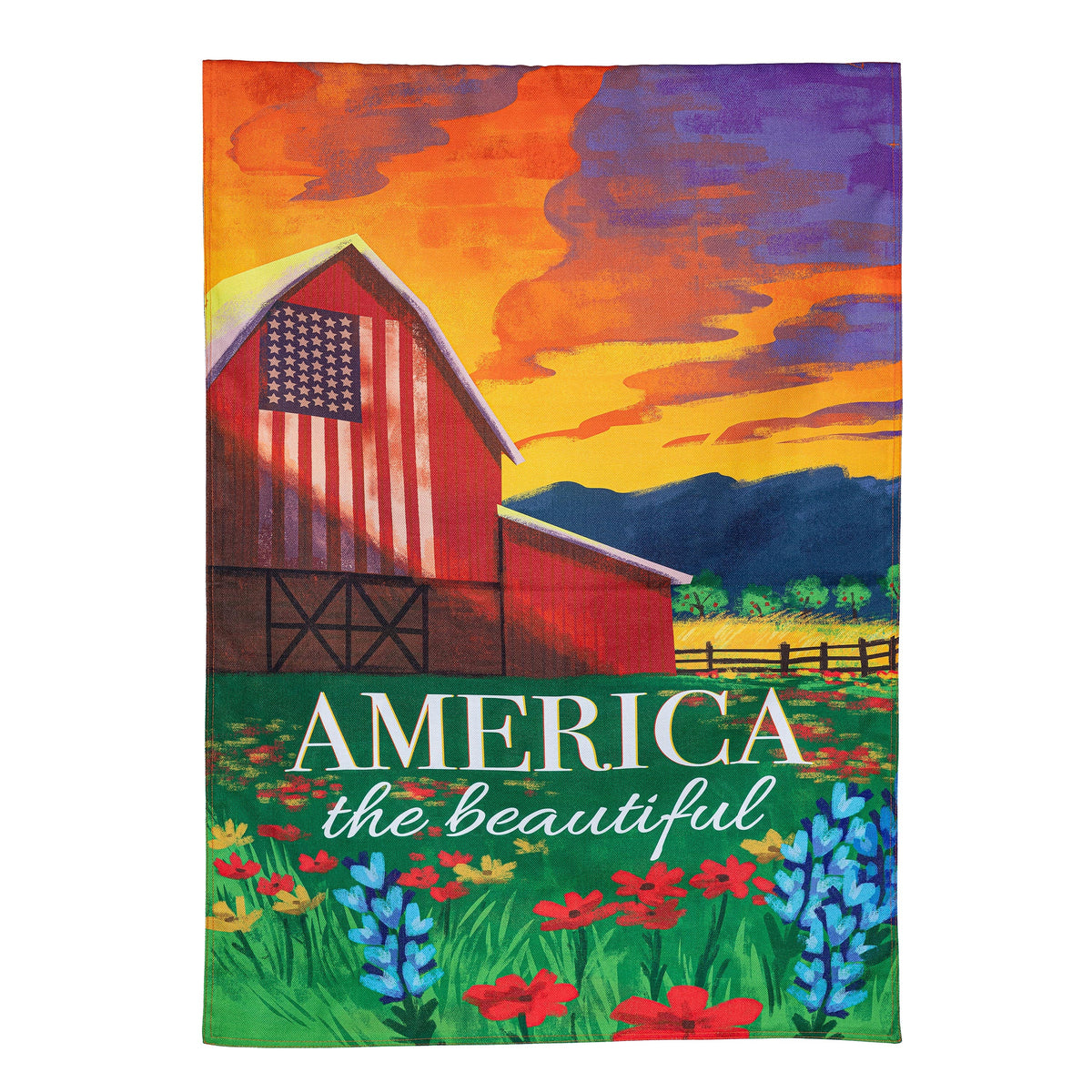 America The Beautiful Burlap House Flag with barn and American flag, sunset sky and flowers on Tampa Home & Garden Store
