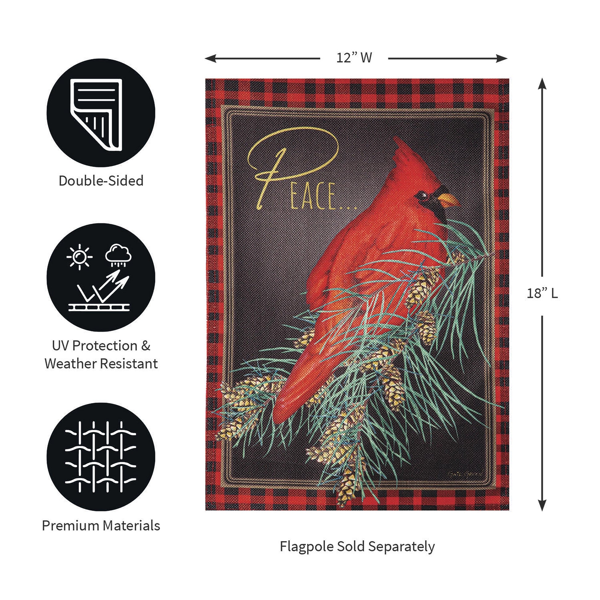 Burlap garden flag Cardinal Peace by Evergreen Enterprises Wholesale Collective red plaid border on Tampa Home & Garden Store
