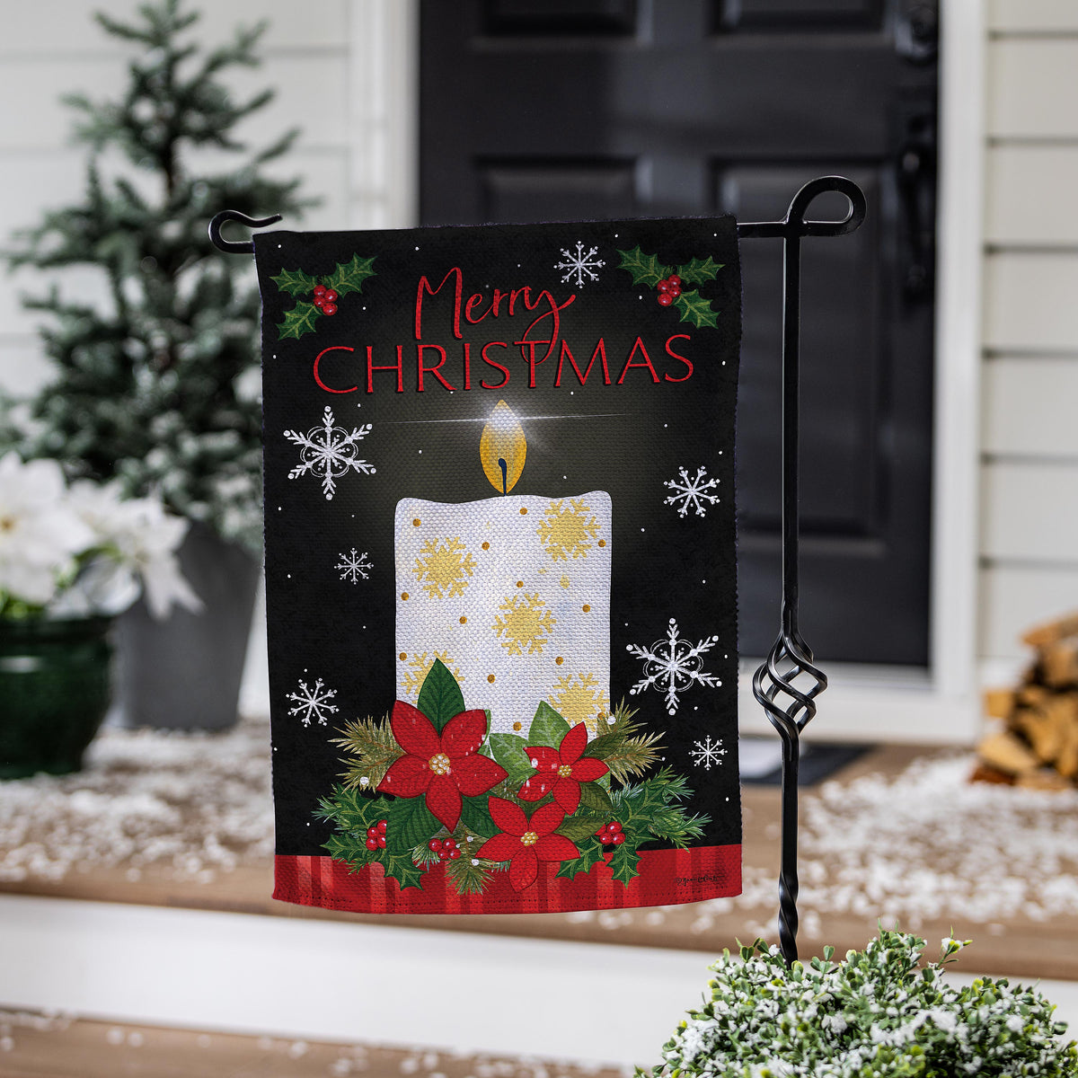 Merry Christmas Candle Burlap Garden Flag black background with red script text, holly and snowflakes on Tampa Home & Garden Store
