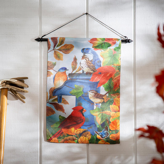Where Birds Gather Suede Garden Flag colorful birds and autumn leaves print on Tampa Home & Garden Store
