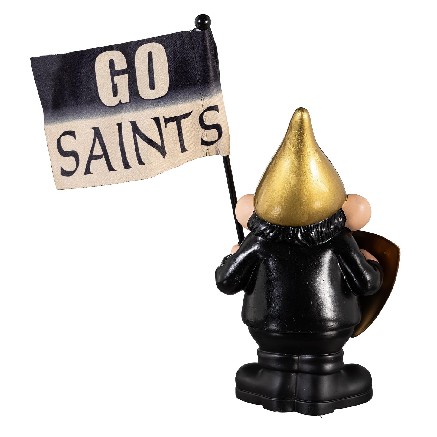 New Orleans Saints flag holder garden gnome black outfit with gold hat Evergreen Enterprises on Tampa Home & Garden Store