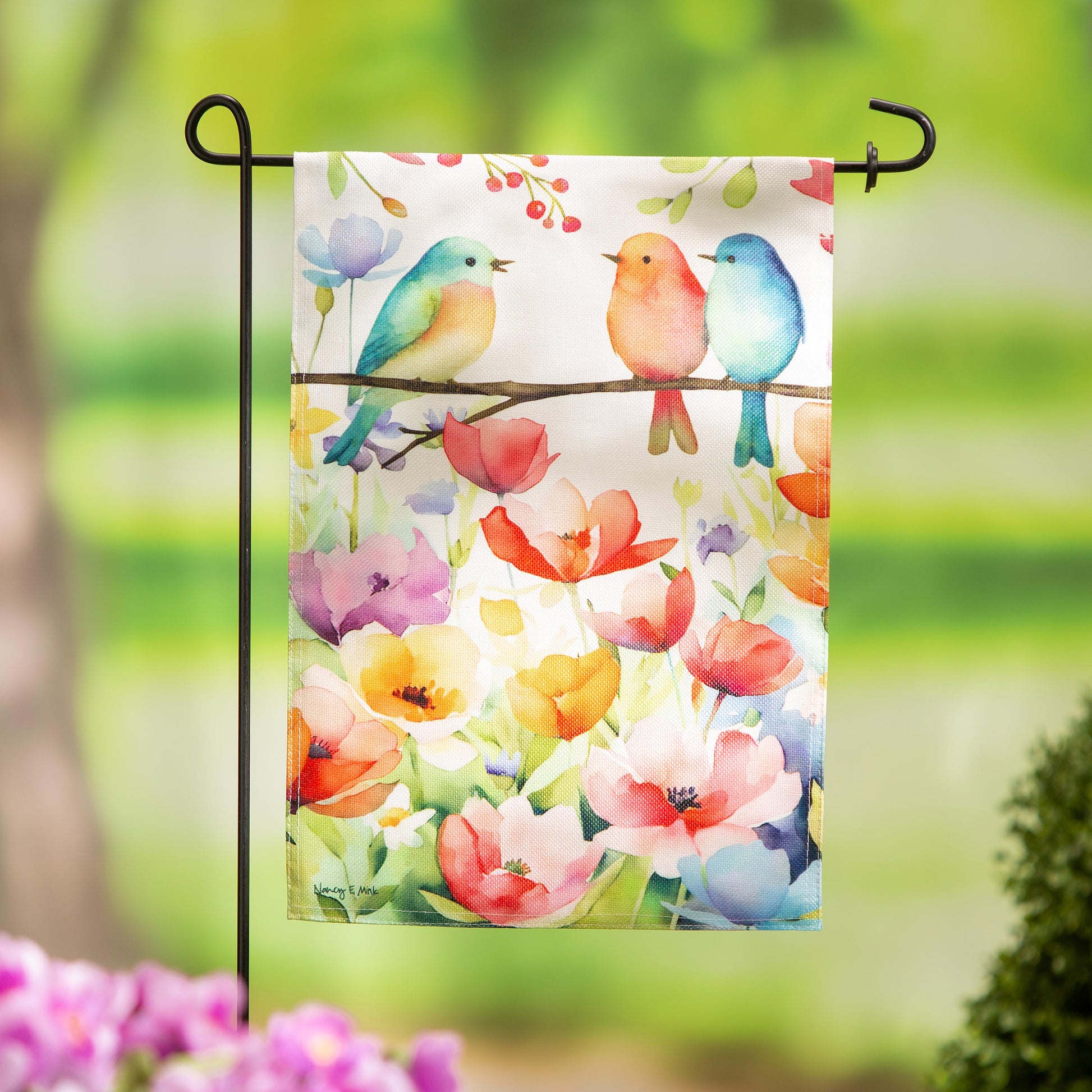 Bird Talk Burlap Garden Flag by Evergreen Enterprises colorful birds on branch on Tampa Home & Garden Store