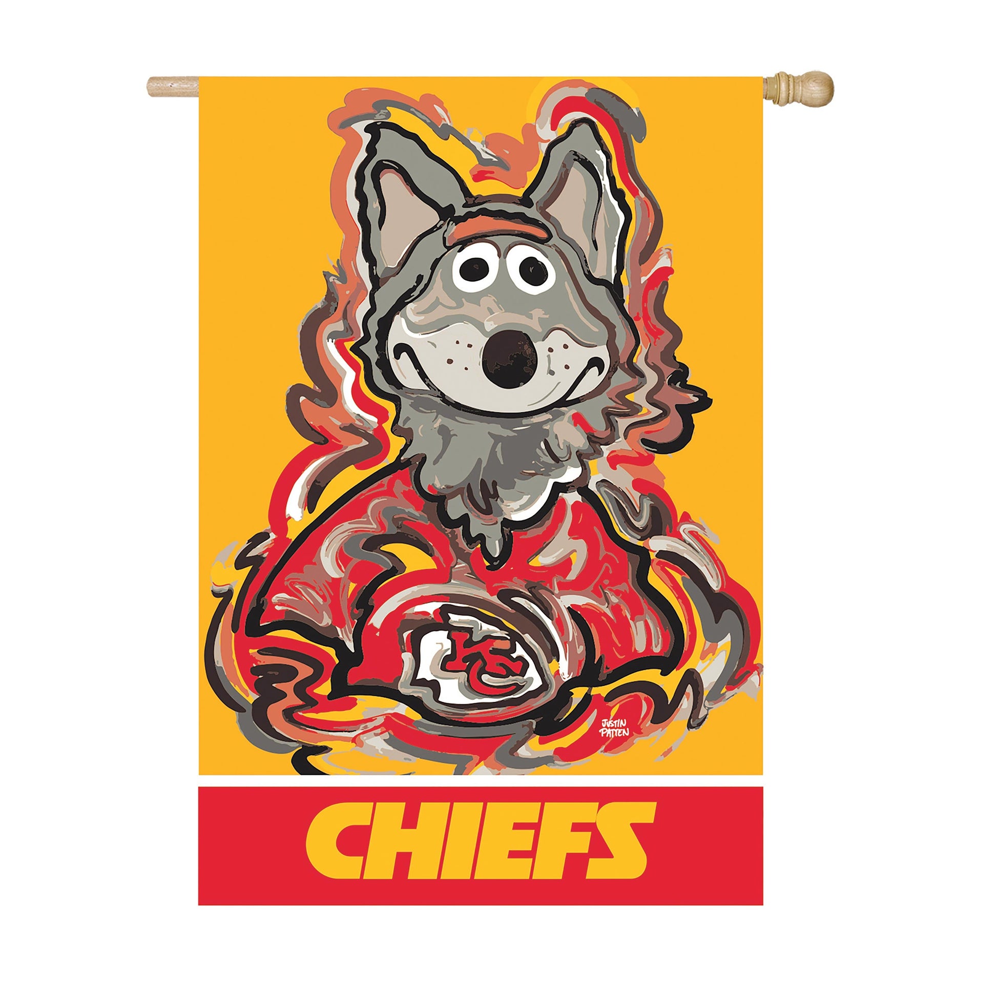 Suede flag Kansas City Chiefs design by Justin Patten with stylized dog portrait on yellow on Tampa Home & Garden Store