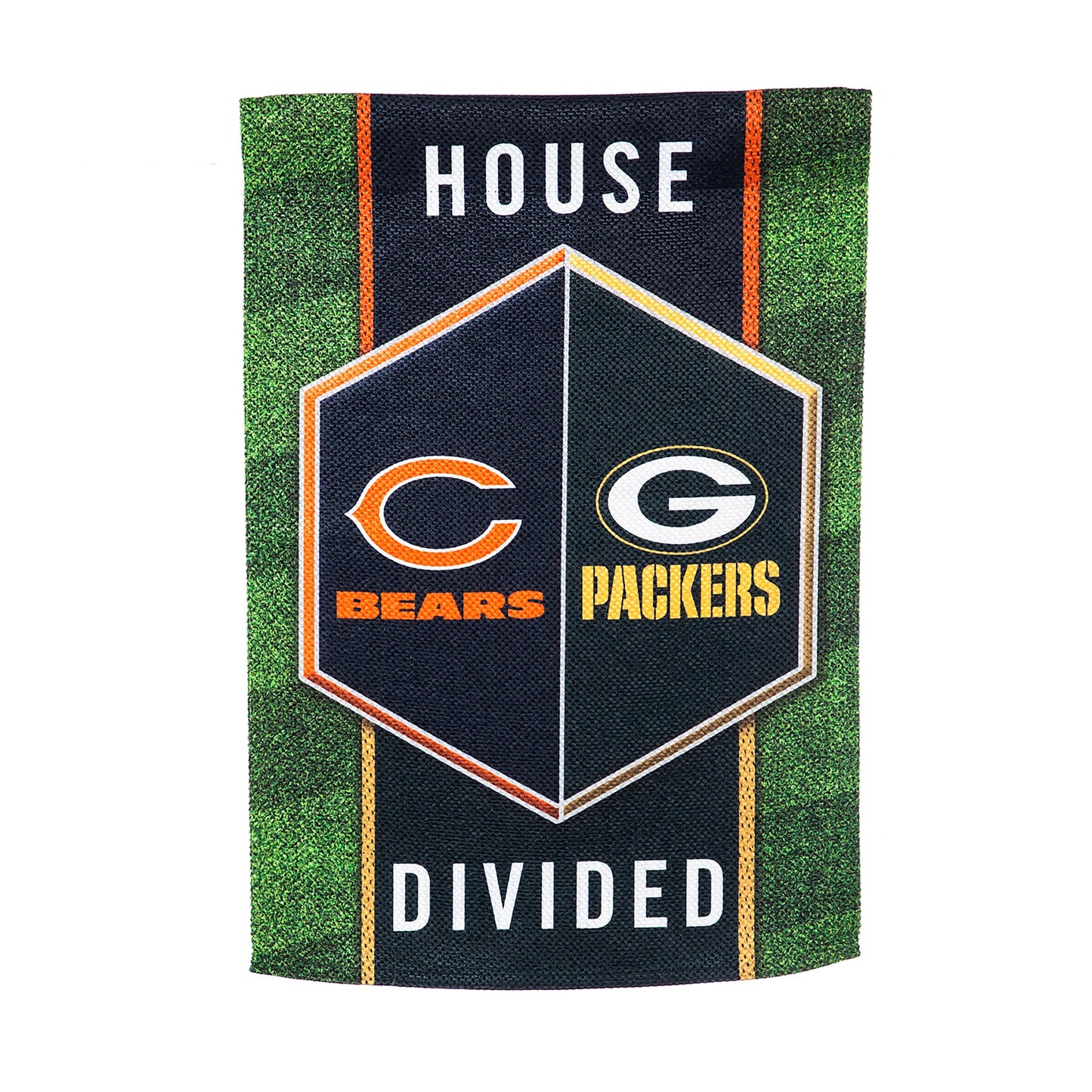 Suede garden flag Packers vs Bears House Divided with navy shield logos and green border on Tampa Home & Garden Store