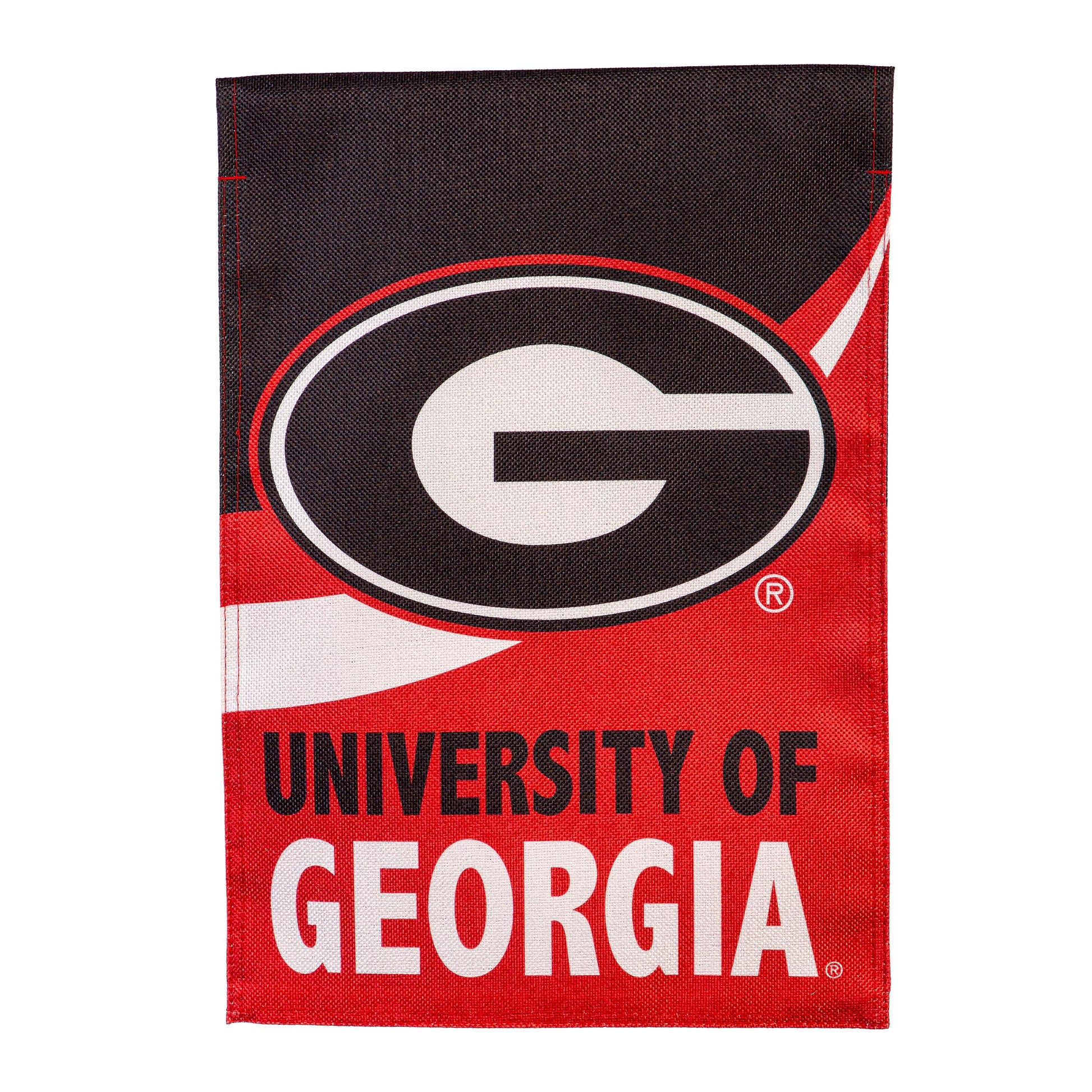 University of Georgia burlap flag with GEORGIA lettering and G emblem on red background GDN size on Tampa Home & Garden Store