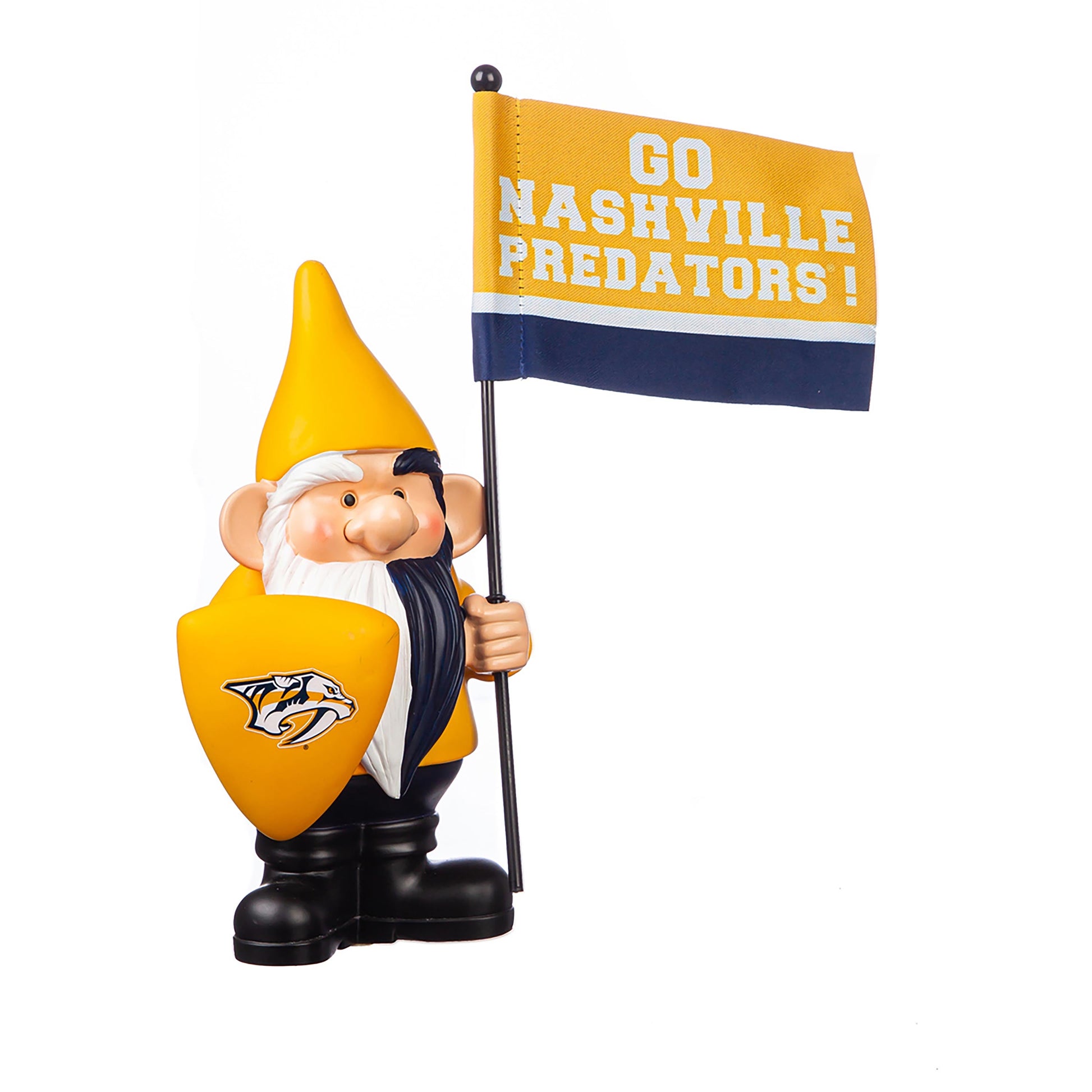 Nashville Predators flag holder garden gnome with yellow hat and logo by Evergreen on Tampa Home & Garden Store