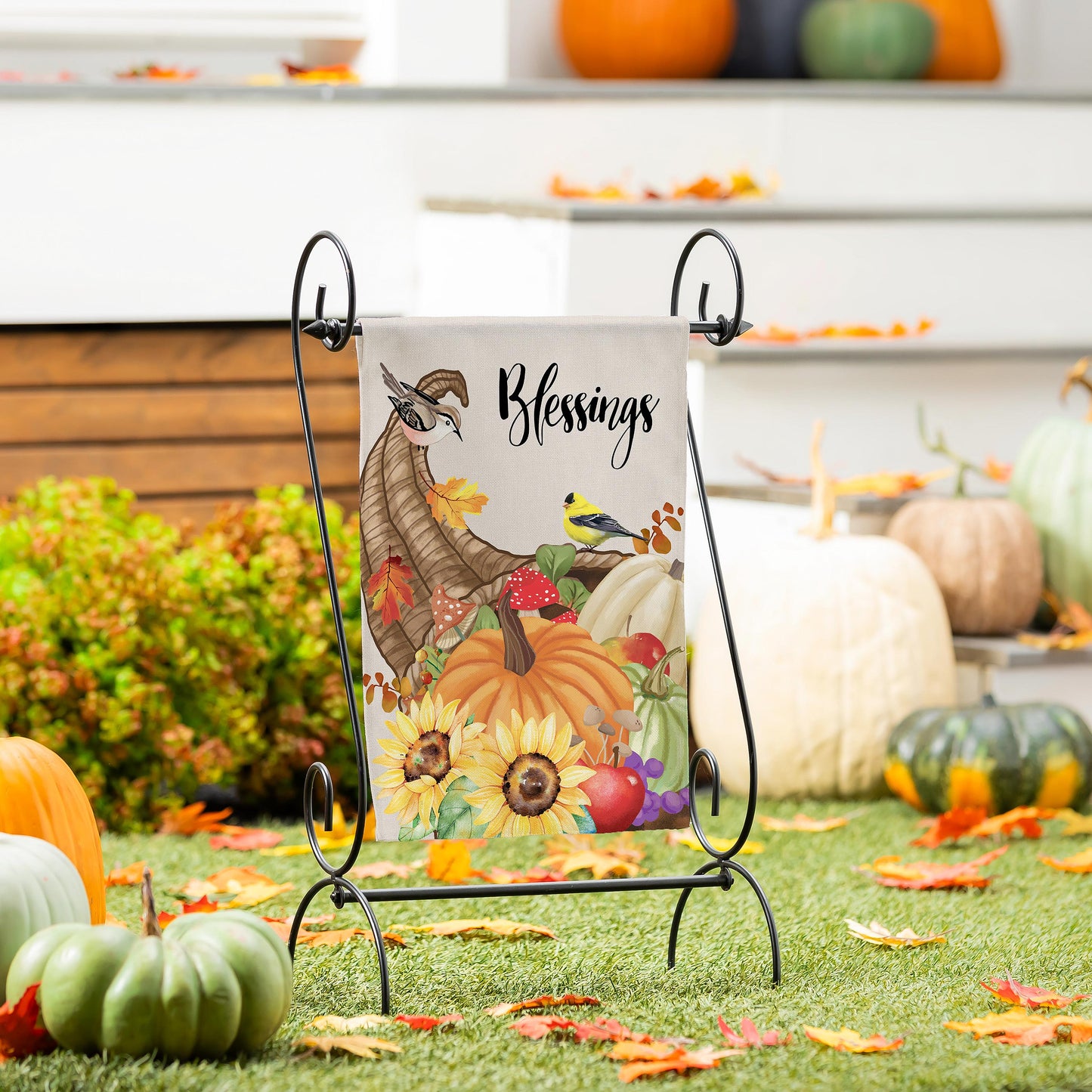 Grateful Cornucopia Suede Garden Flag by Evergreen Enterprises on a black metal stand on Tampa Home & Garden Store