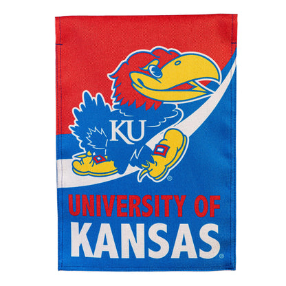 Burlap flag University of Kansas with KU Jayhawks logo, red blue white design on Tampa Home & Garden Store