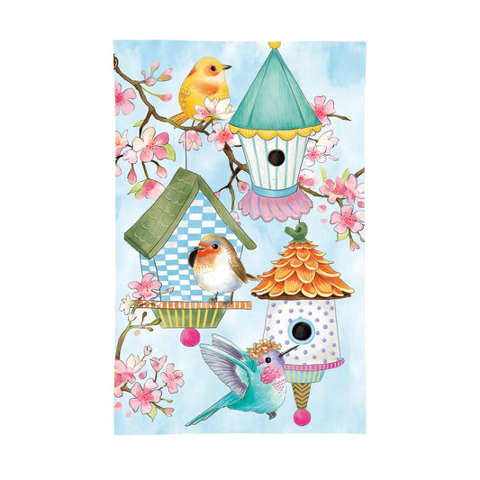 Applique garden flag Bird House with blossoms and birds by Evergreen Enterprises on Tampa Home & Garden Store