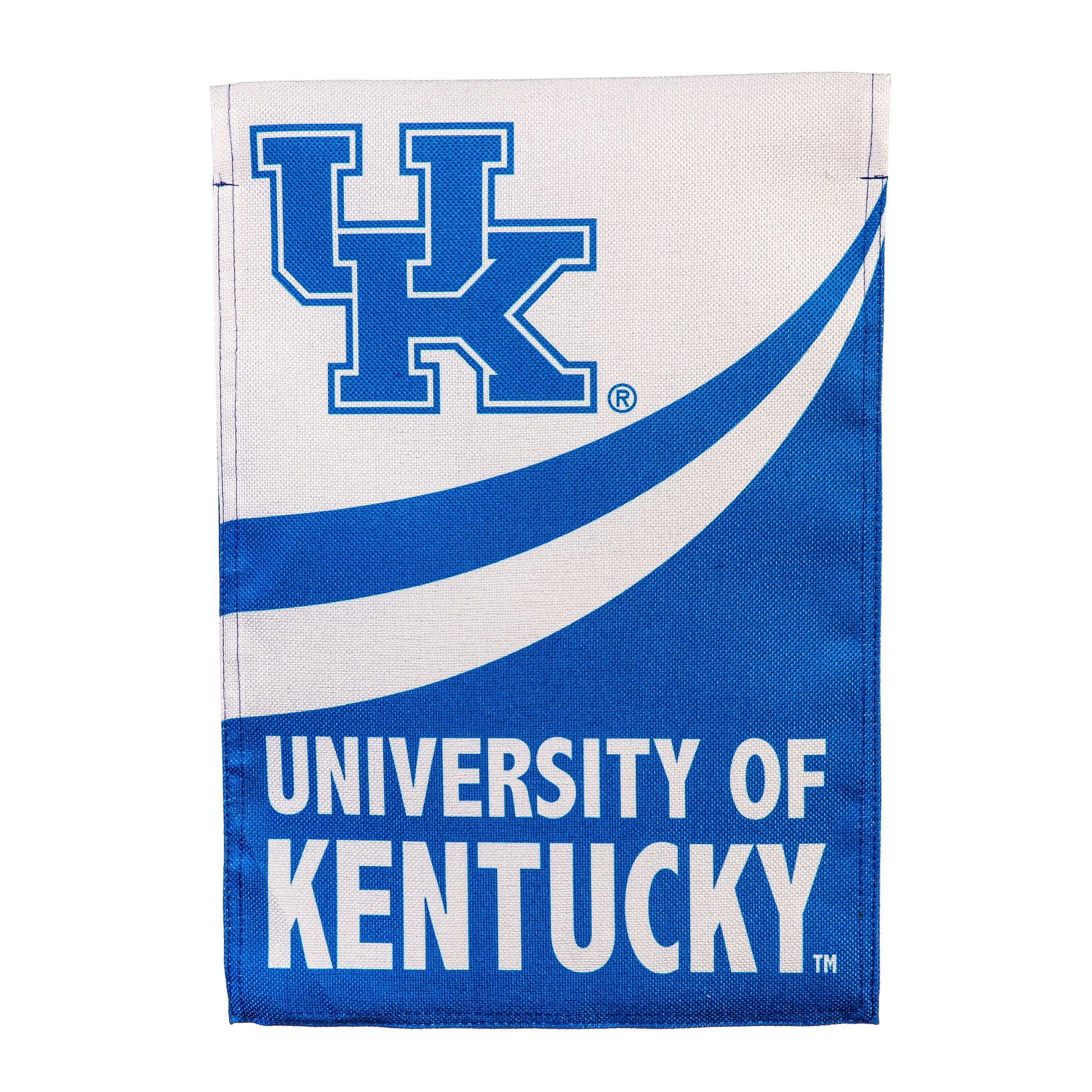 University of Kentucky burlap garden flag with blue UK letters on white burlap and blue arc on Tampa Home & Garden Store