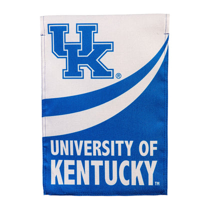 University of Kentucky burlap garden flag with blue UK letters on white burlap and blue arc on Tampa Home & Garden Store