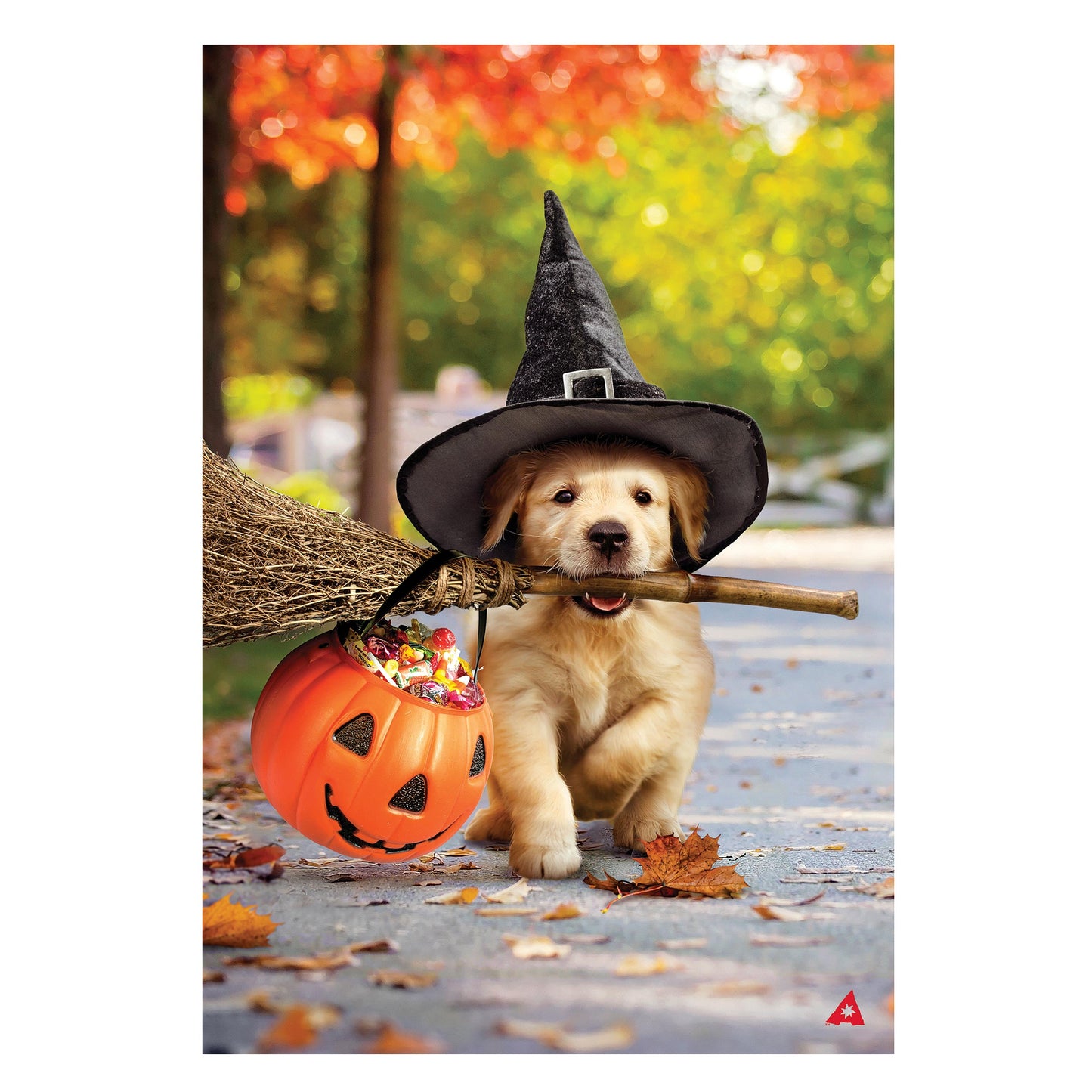 Goldens With Broom Suede Garden Flag golden retriever in witch hat with jack-o'-lantern bucket on Tampa Home & Garden Store