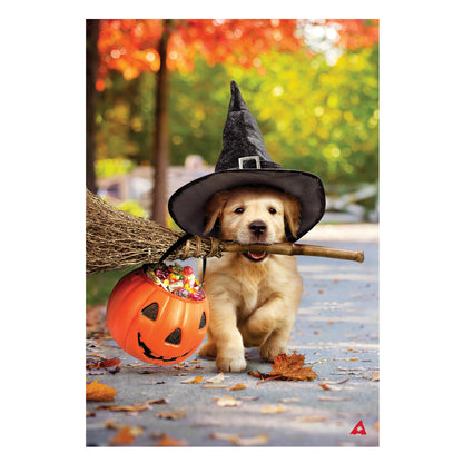 Goldens With Broom Suede Garden Flag golden retriever in witch hat with jack-o'-lantern bucket on Tampa Home & Garden Store