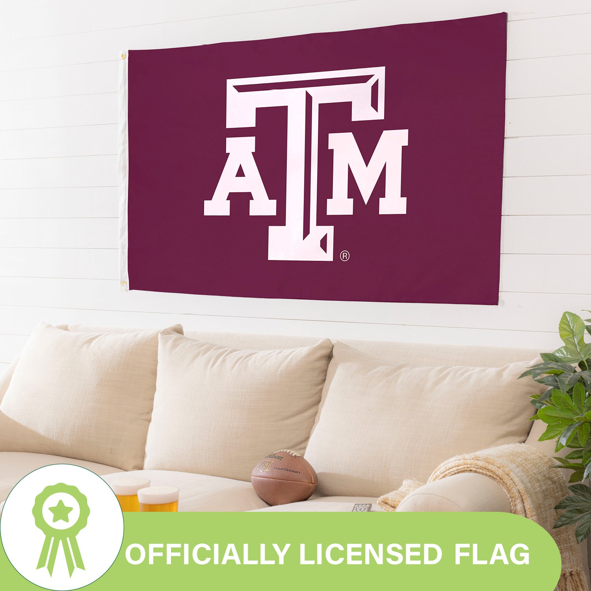 Texas A&M single-sided estate flag 3x5 ft maroon with white TAMU logo and 2 grommets on edge on Tampa Home & Garden Store