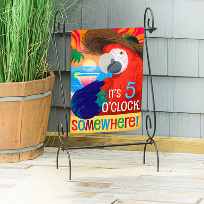 5 o'clock parrot burlap garden flag with bright tropical parrot artwork on Tampa Home & Garden Store