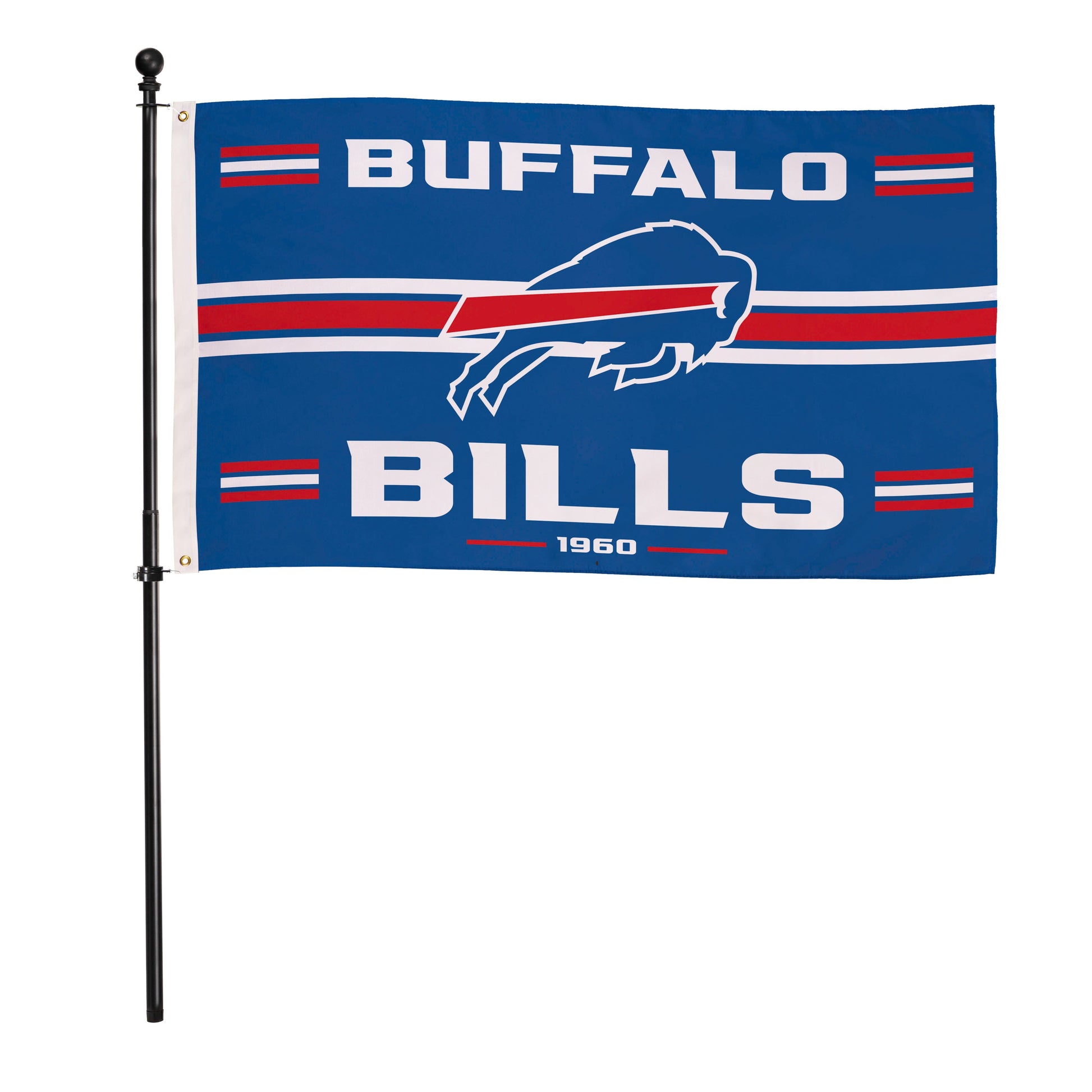 Buffalo Bills flag 3x5 with white buffalo graphic, red stripes, 2 grommets on Tampa Home & Garden Store