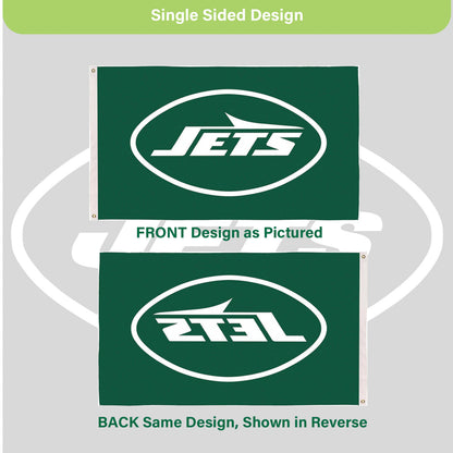 New York Jets flag 3x5, single-sided flag with 2 grommets, green Jets logo on Tampa Home & Garden Store