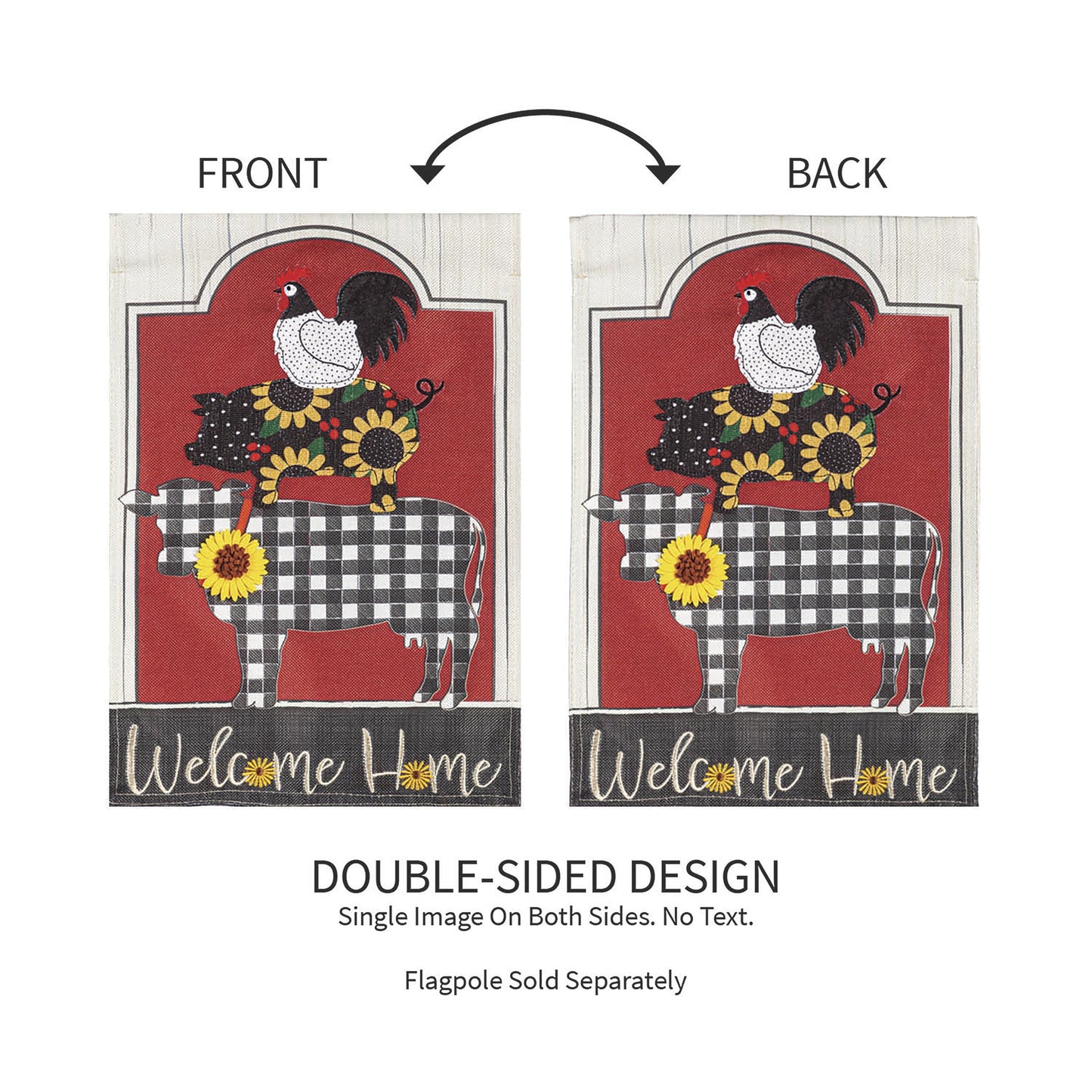 Farm Friends Burlap Garden Flag front and back double-sided rooster motif on red plaid on Tampa Home & Garden Store