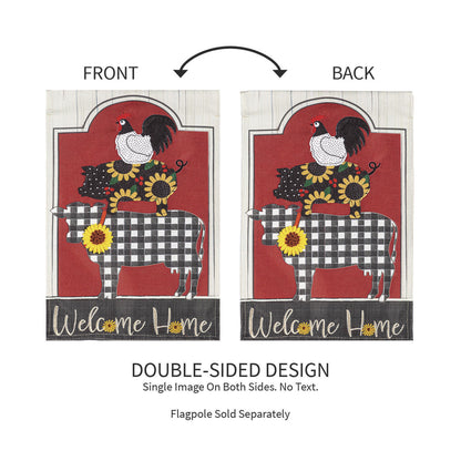 Farm Friends Burlap Garden Flag front and back double-sided rooster motif on red plaid on Tampa Home & Garden Store