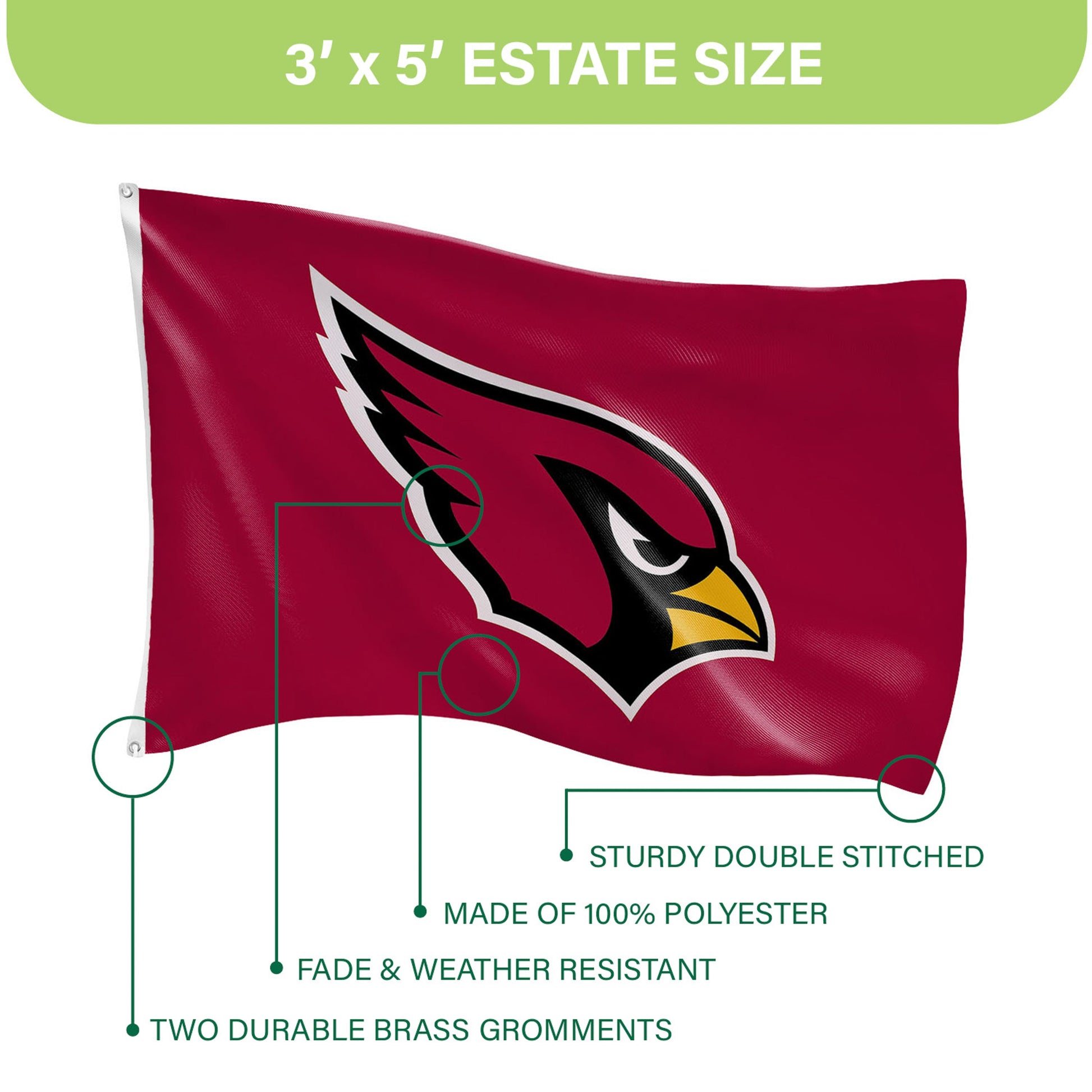 Arizona Cardinals single-sided flag, 3x5, red polyester with logo, 2 grommets on Tampa Home & Garden Store