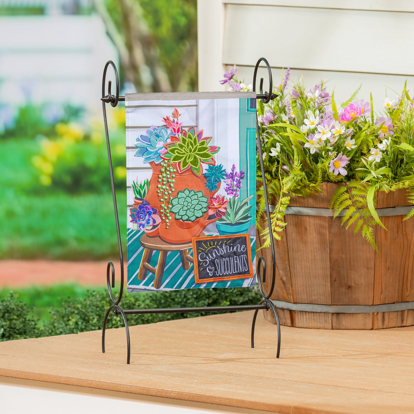 Succulent in Strawberry Pot applique garden flag by Evergreen Enterprises on Tampa Home & Garden Store