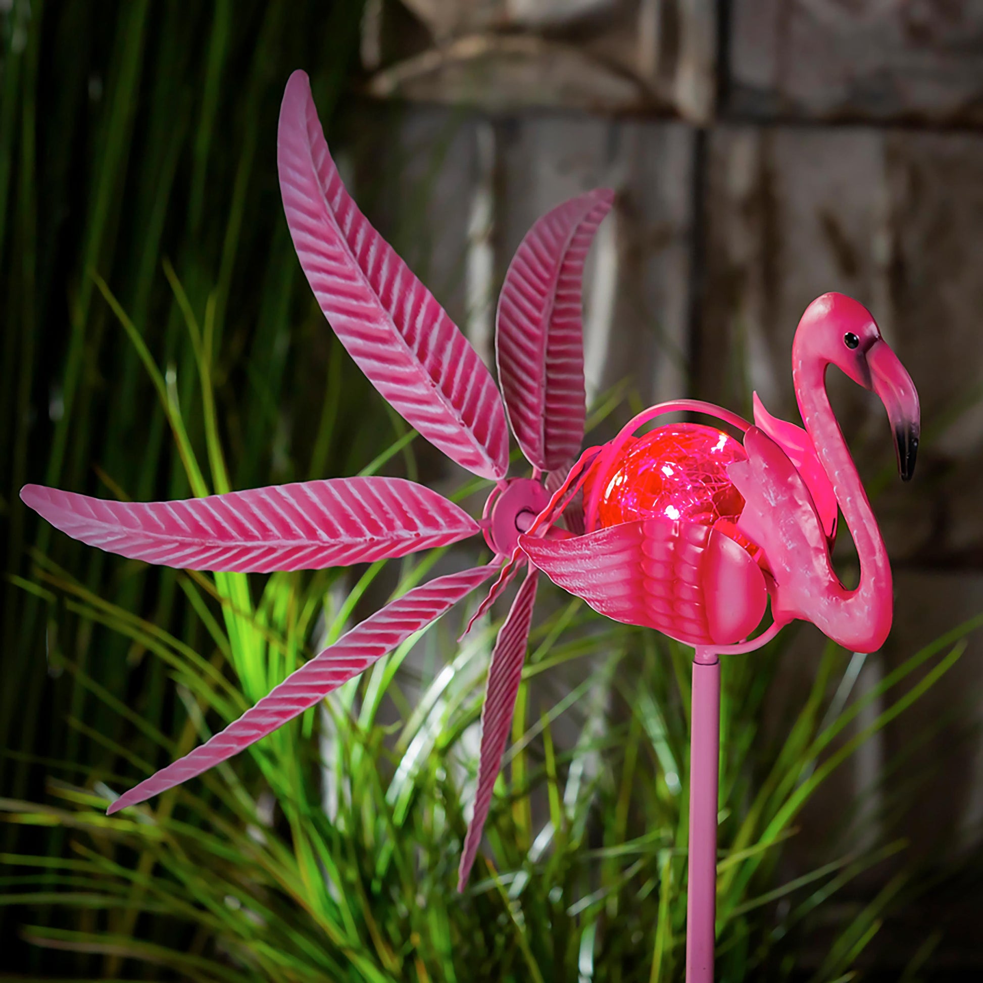 36in pink flamingo wind spinner with metal blades on garden stake on Tampa Home & Garden Store