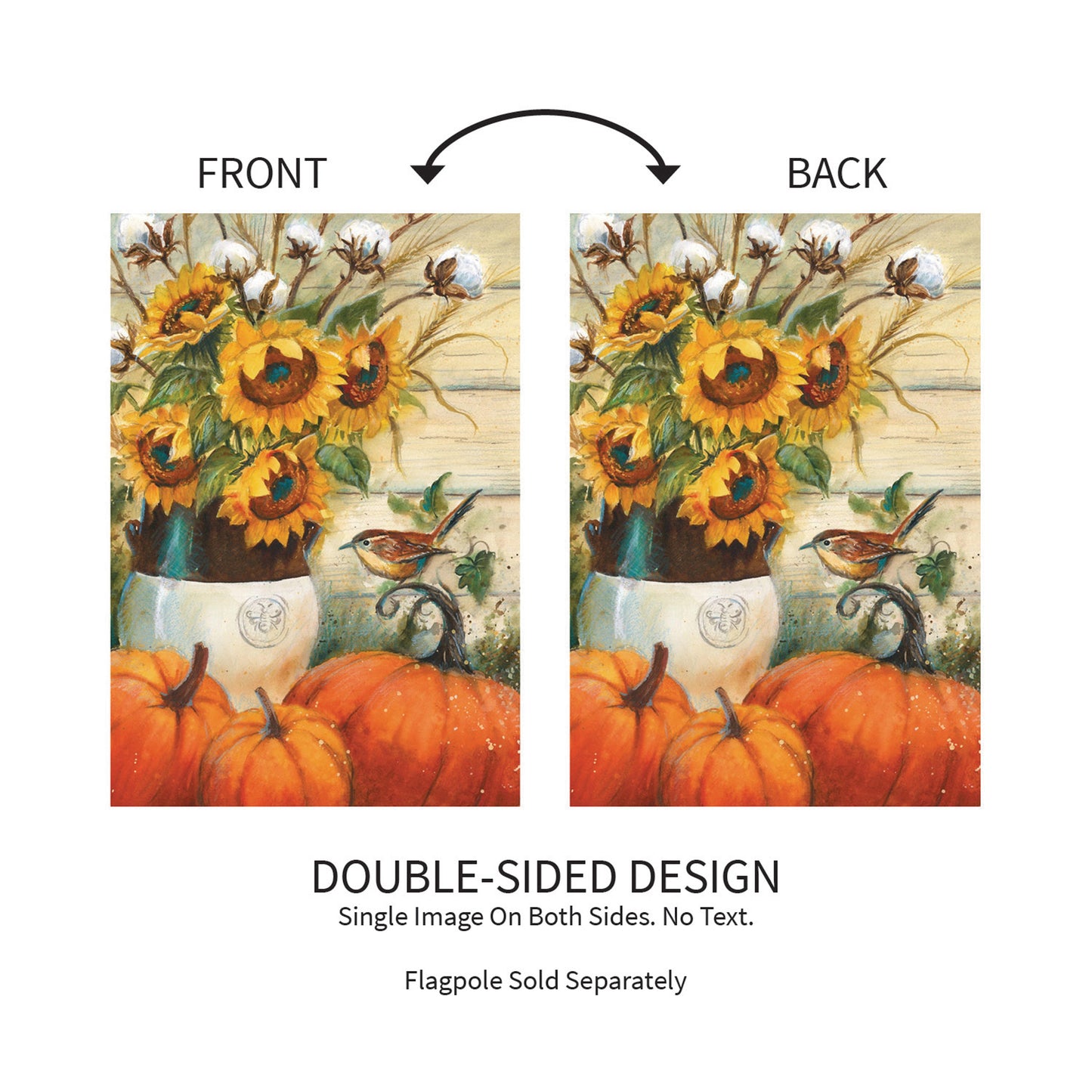 Cotton & Sunflowers Suede Garden Flag two-sided design with sunflowers in a vase and pumpkins on Tampa Home & Garden Store