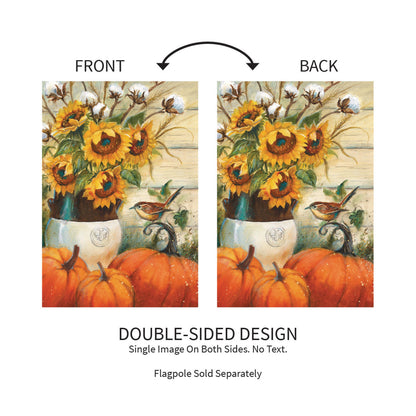 Cotton & Sunflowers Suede Garden Flag two-sided design with sunflowers in a vase and pumpkins on Tampa Home & Garden Store