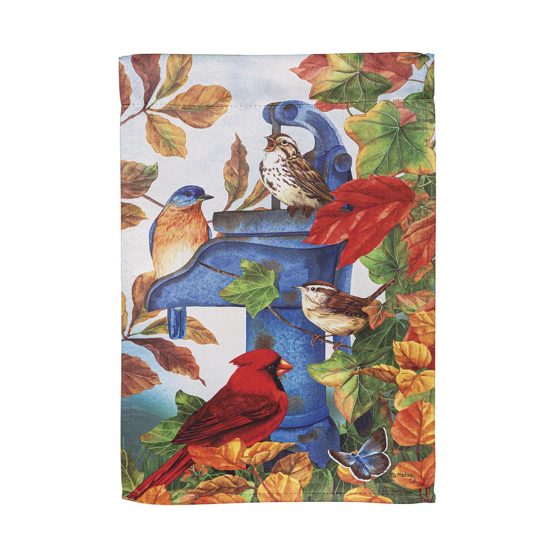 Where Birds Gather Suede Garden Flag with red cardinals and blue birds among autumn leaves on Tampa Home & Garden Store