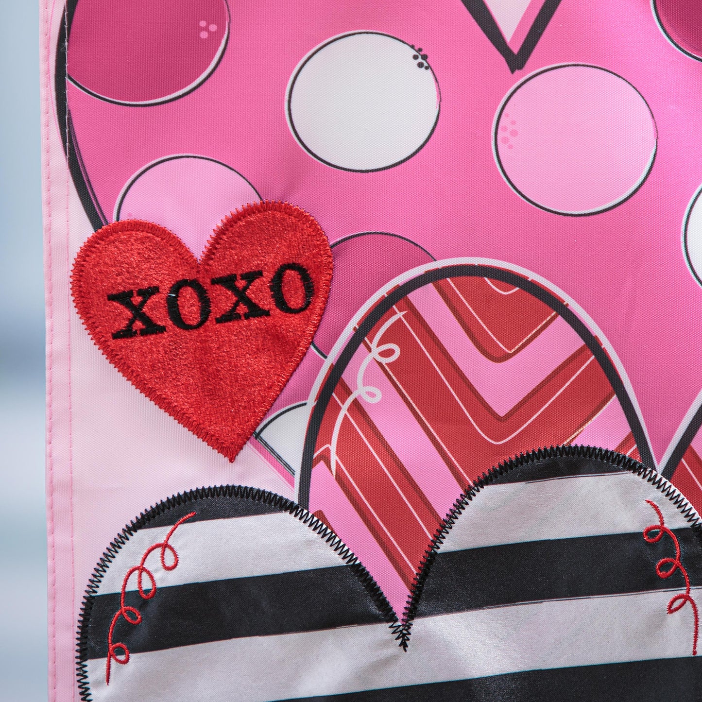 Happy Valentine's Day Sweethearts Applique Garden Flag pink background with red hearts on Tampa Home & Garden Store