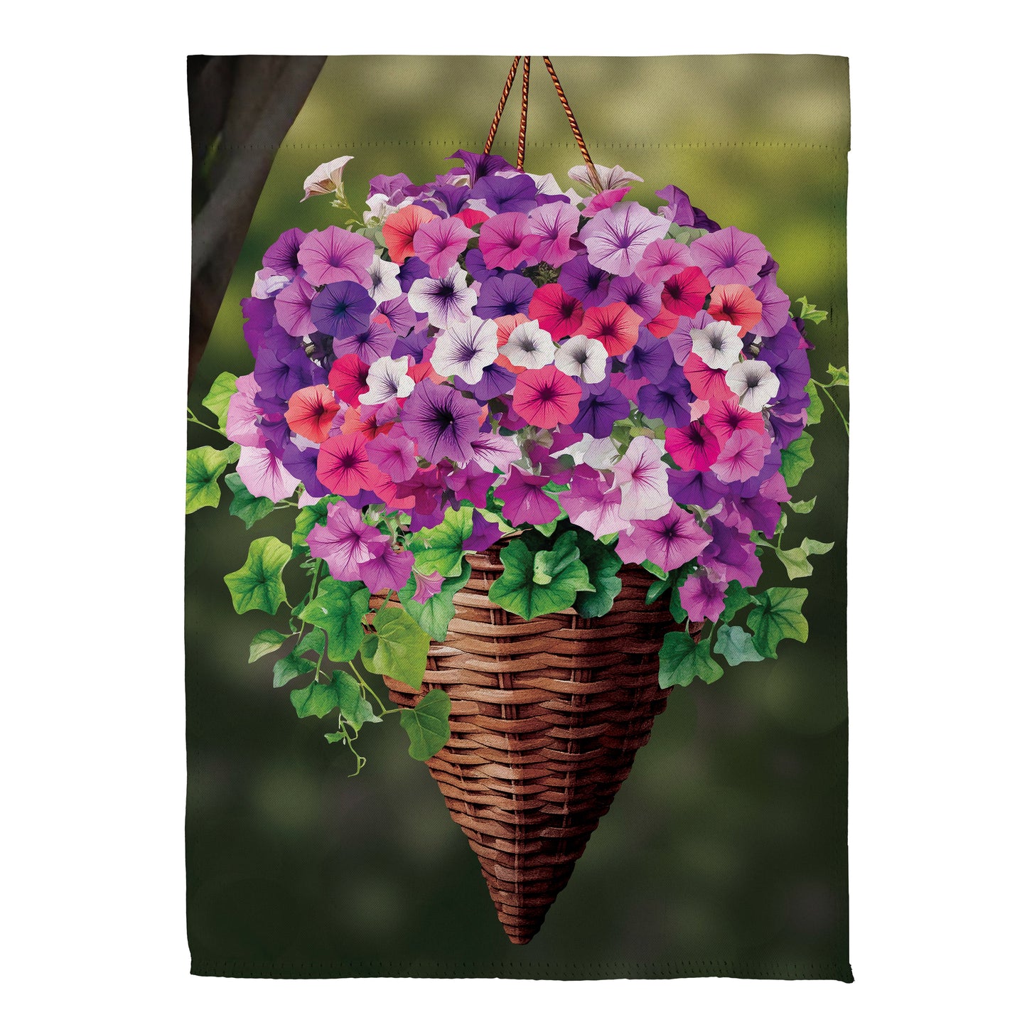 Petunia Basket Suede House Flag colorful blooms in a hanging wicker basket on Tampa Home & Garden Store