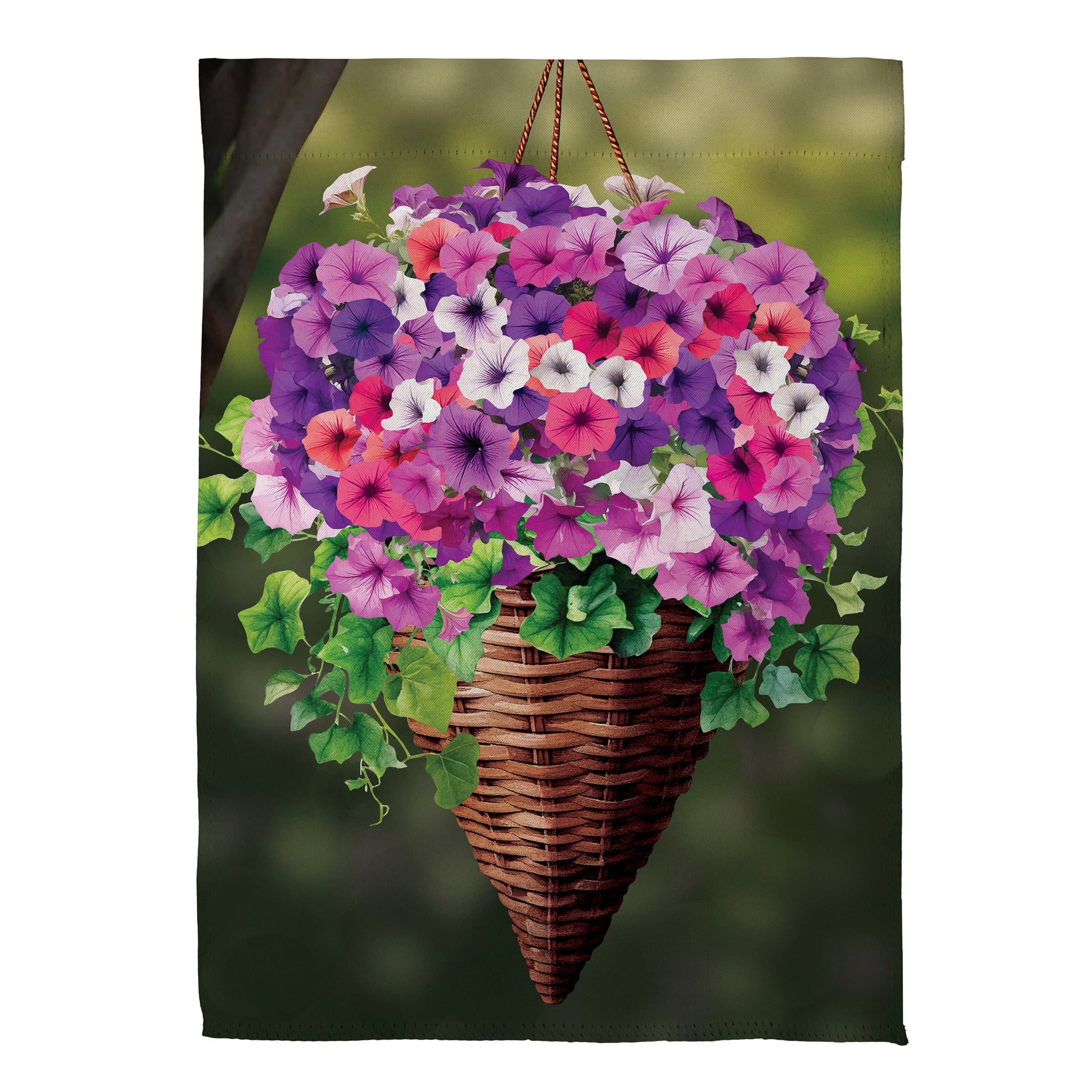 Petunia Basket Suede House Flag colorful blooms in a hanging wicker basket on Tampa Home & Garden Store
