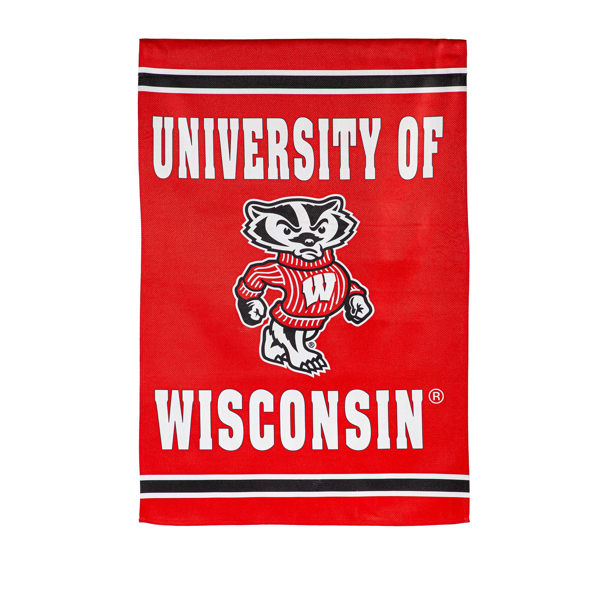 Embossed suede flag featuring University of Wisconsin–Madison text and Badger mascot on red on Tampa Home & Garden Store