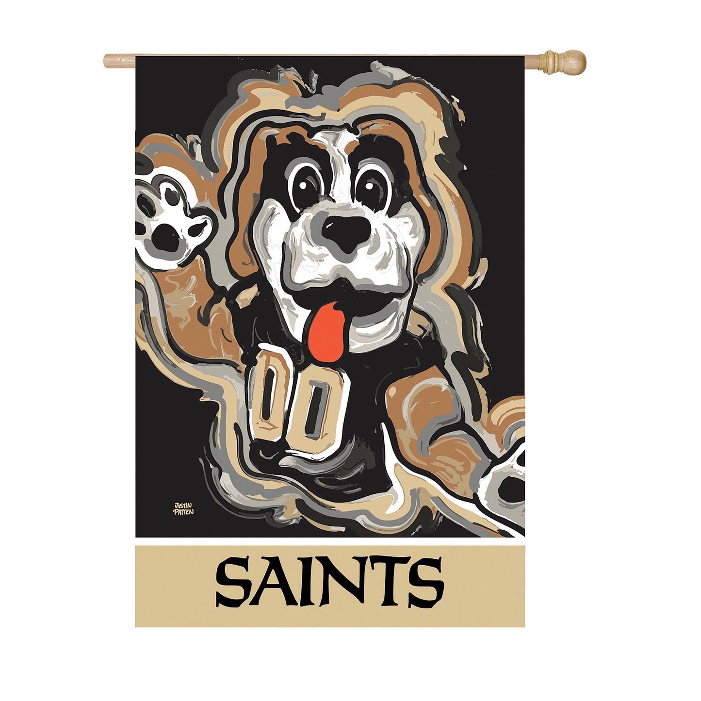 Suede flag with New Orleans Saints dog art by Justin Patten; black background, beige Saints banner, on Tampa Home & Garden Store