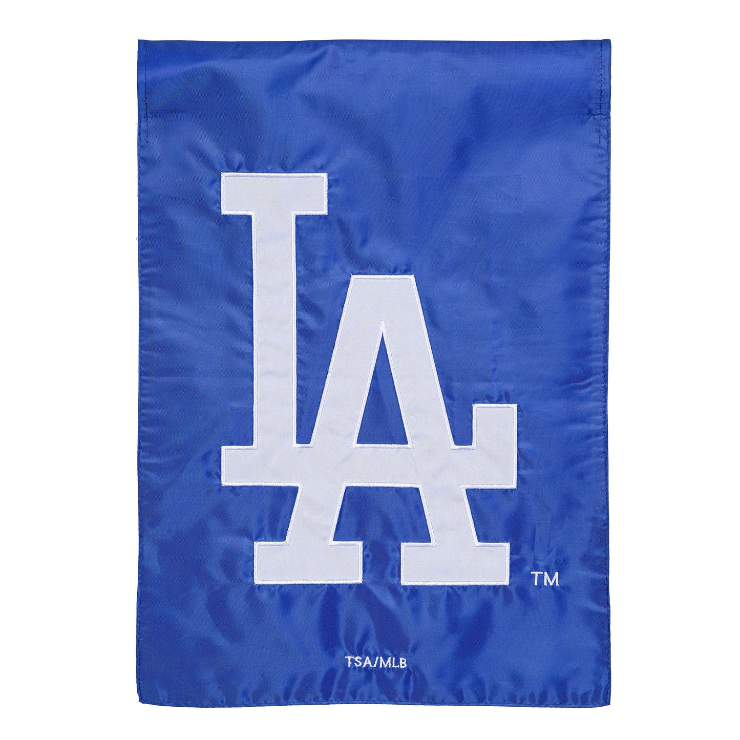 Los Angeles Dodgers Appliqué Garden Flag in royal blue fabric with large white LA lettering on Tampa Home & Garden Store