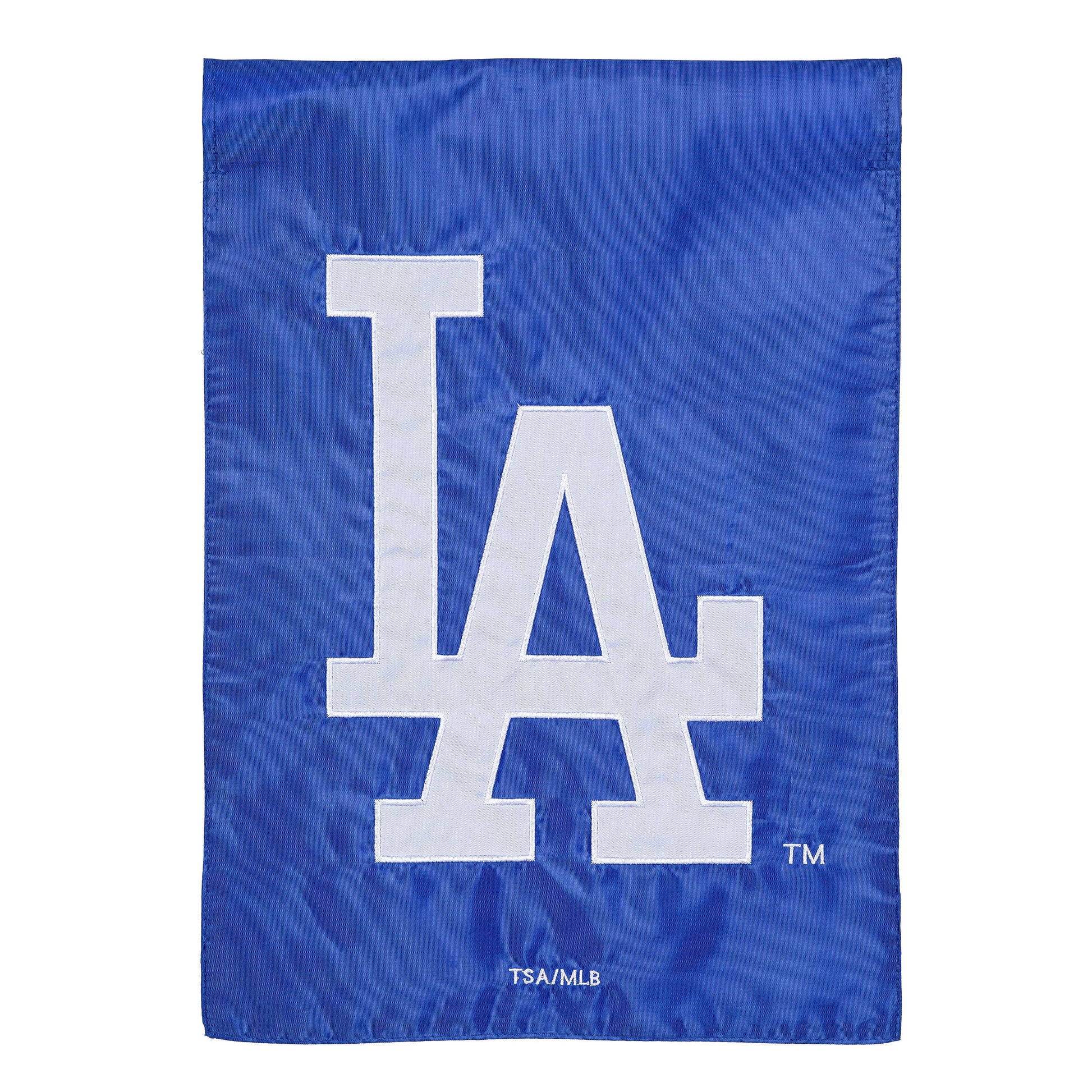 Los Angeles Dodgers Appliqué Garden Flag in royal blue fabric with large white LA lettering on Tampa Home & Garden Store